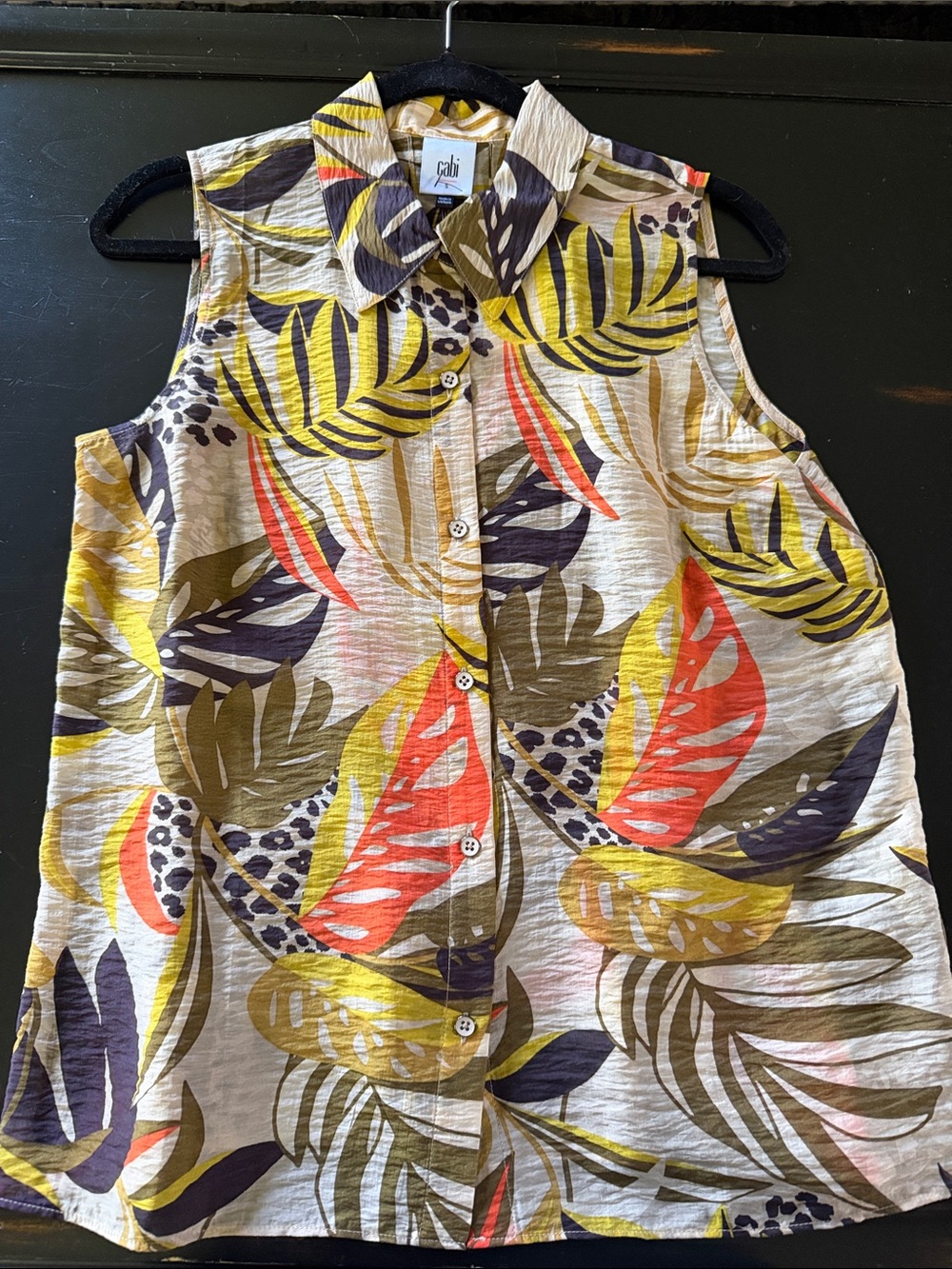 CAbi Sleeveless Tropical Button-Front Top, Olive,orange, brown, mustard #6601 - Picture 1 of 4